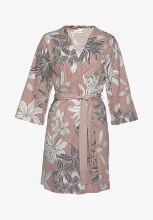 Floral robe in a soft pink fabric featuring gray and white floral patterns, wrap design, 3/4 sleeves, and a matching tie belt.