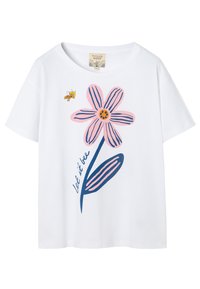 T-shirt blanc à manches courtes présentant une grande fleur rose et bleue avec un centre jaune, une petite abeille, et le texte « let it bee » sur la tige.