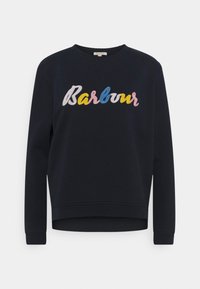 Tmavě modrá mikina s barevným vyšitým nápisem "Barbour" na přední straně, s kulatým výstřihem a žebrovanými manžetami. Hladký povrch.