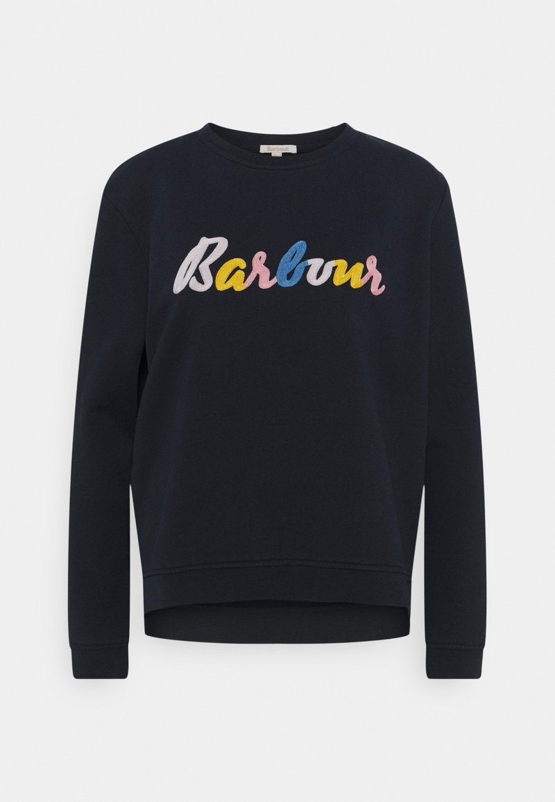 Tmavě modrá mikina s barevným vyšitým nápisem "Barbour" na přední straně, s kulatým výstřihem a žebrovanými manžetami. Hladký povrch.