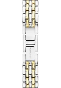 Bracelet en acier inoxydable argenté et doré avec des maillons rectangulaires entrelacés, présentant une finition polie et un accent logo central.