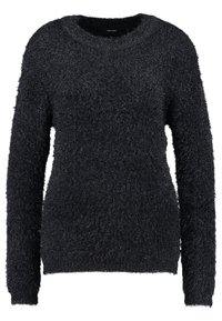 Black, fluffy knit sweater with a round neckline and long sleeves. Soft texture and relaxed fit, featuring ribbed cuffs and hem.
