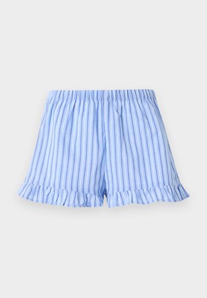 Pantalones cortos de cintura elástica de color azul claro con rayas verticales blancas y azul oscuro y bajos con volante.