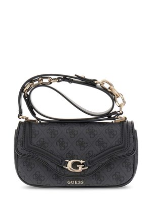 Petit sac bandoulière noir Guess avec chaîne dorée et détails du logo, tissu à motifs et sangle en cuir réglable.