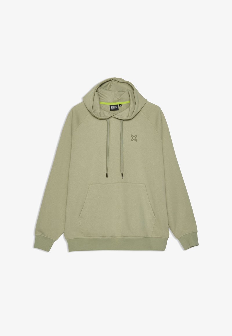 Světlé zelená mikina s kapucí na stahovací šňůrku, přední kapsou kangaroo a jemným logem na hrudi. Vyrobena z měkké, strukturované látky.