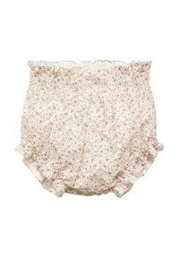 Květinové šortky typu bloomer v světlé krémové barvě, s nařaseným pasem a volánkovými okraji, vyrobené z měkké, lehké tkaniny.