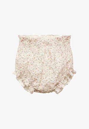 Shorts bouffants en imprimé floral de couleur crème clair, avec taille froncée et bords volantés, fabriqués en tissu doux et léger.