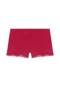 Røde bomulds boyshorts med en scalloped blonderand i kanten, der har en glat tekstur og en mid-rise pasform.