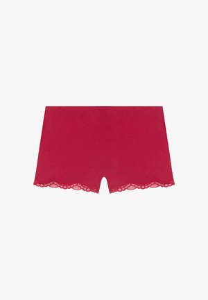 Red cotton boyshorts with a scalloped lace trim at the hem, featuring a smooth texture and a mid-rise fit.