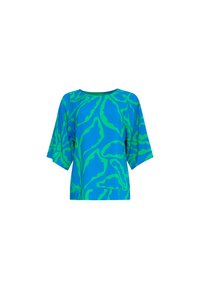 Korte mouwen top in helderblauw met een groen abstract bladpatroon. Heeft een ronde halslijn en een losse, ontspannen pasvorm. Glad textuur.