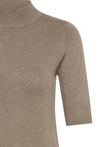 Sweter z krótkim rękawem typu golf w jasnobrązowym prążkowanym dzianinie. Posiada dopasowany krój oraz gładką, miękką teksturę z wysokim dekoltem.