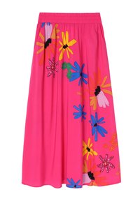 Jupe midi rose avec un motif floral comprenant des fleurs jaunes, bleues, orange et noires. Taille élastique, tissu doux, design fluide.