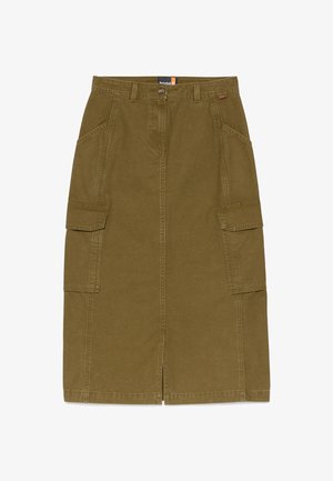 Olivgrüner Denim-Rock mit einem Frontreißverschluss, zwei Seitentaschen und zwei Cargo-Taschen. Hat einen geraden Schnitt und eine knielange Gestaltung.