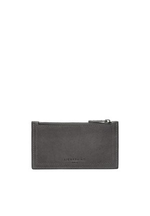 Gray leather wallet with a smooth texture, zip closure at the top, and embossed brand name on the front. Rectangular shape and minimalist design.