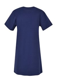 Dunkelblaues Baumwoll-T-Shirt-Kleid mit kurzen Ärmeln und rundem Ausschnitt. Glatte Textur, knielang, ohne sichtbare Muster oder Akzente.
