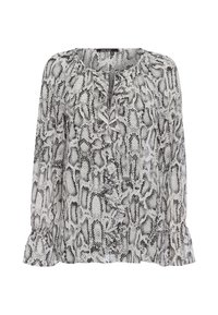 Blouse à manches longues noir et blanc avec motif serpent, détail froncé à l'avant et poignets élastiques. Tissu léger et texturé.