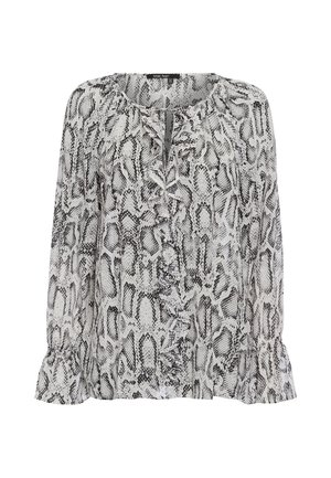 Black and white long-sleeve blouse featuring a snake print, ruffled front detail, and elasticized cuffs. Lightweight, textured fabric.