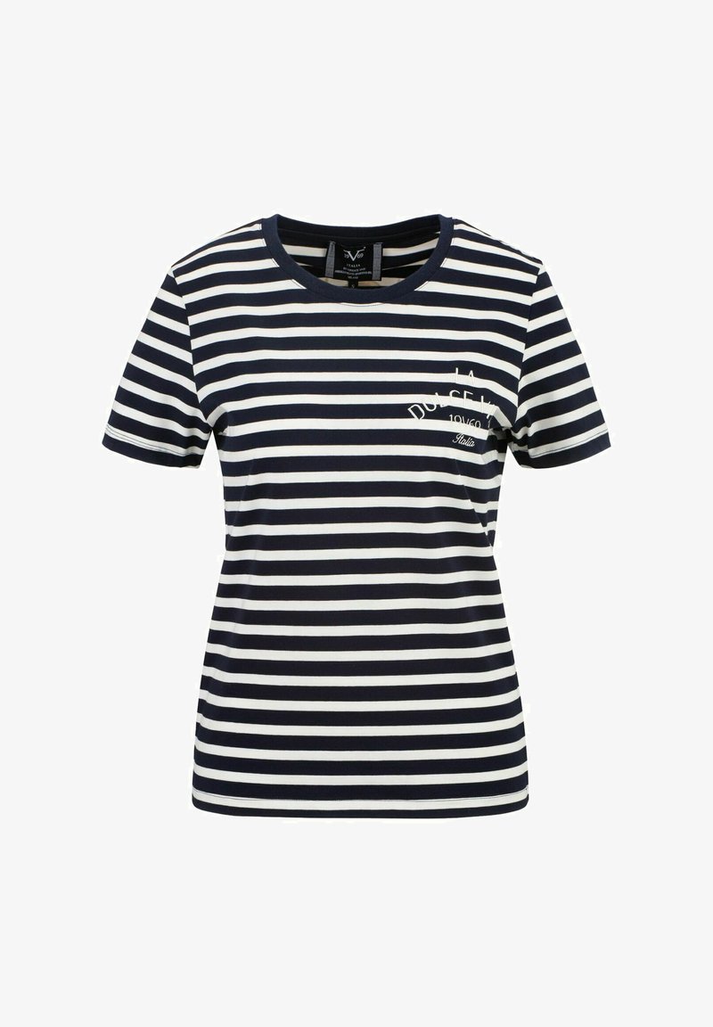 Marineblauwe en witte gestreepte T-shirt met een ronde halslijn en korte mouwen. Bevat een kleine logoprint op de linkerborst.