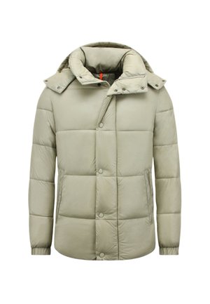 Lichtbeige donsjack met hoge kraag, drukknopen aan de voorkant, ritssluiting, zijzakken en elastische manchetten.