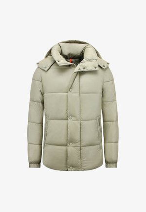 Lichtbeige donsjack met hoge kraag, drukknopen aan de voorkant, ritssluiting, zijzakken en elastische manchetten.