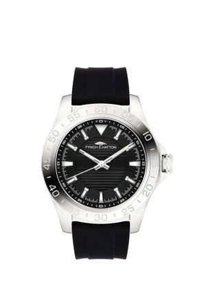 Schwarze Uhr mit einem Gehäuse aus silberner Edelstahl, Gummiarmband, strukturiertem schwarzen Zifferblatt und weißen Stundenmarkierern. Verfügt über eine Datumsanzeige.