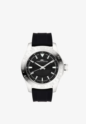 Zwarte horloge met een zilveren roestvrijstalen kast, rubberen band, gestructureerde zwarte wijzerplaat en witte uurmarkeringen. Beschikt over een datumweergave.