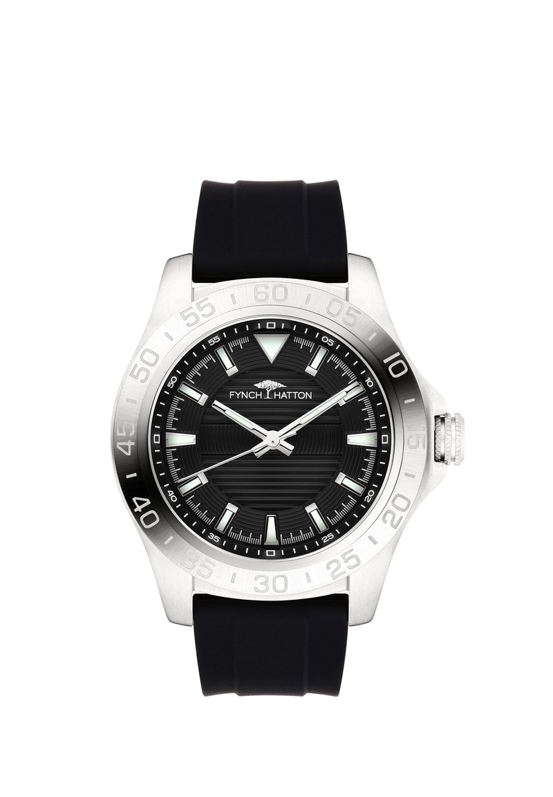 Schwarze Uhr mit einem Gehäuse aus silberner Edelstahl, Gummiarmband, strukturiertem schwarzen Zifferblatt und weißen Stundenmarkierern. Verfügt über eine Datumsanzeige.