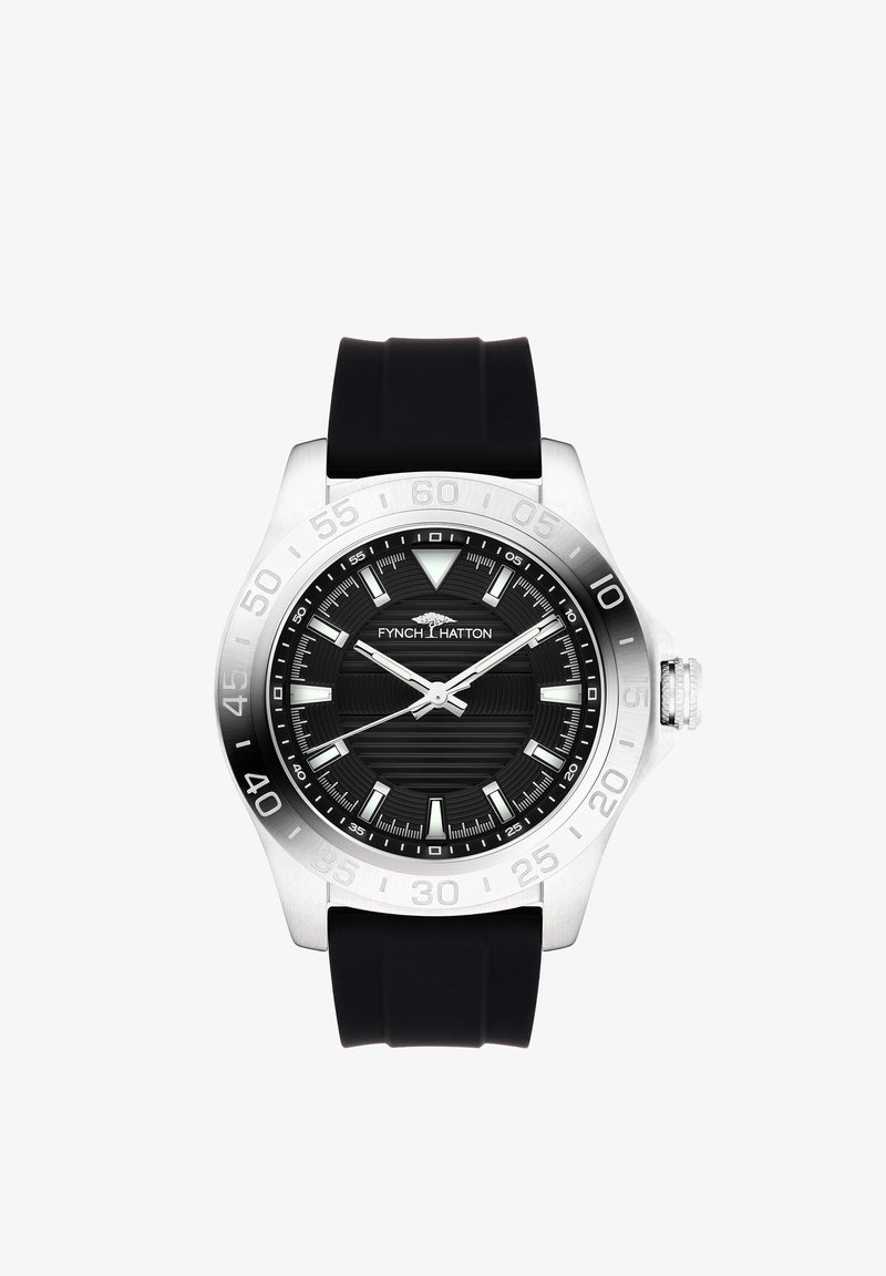 Schwarze Uhr mit einem Gehäuse aus silberner Edelstahl, Gummiarmband, strukturiertem schwarzen Zifferblatt und weißen Stundenmarkierern. Verfügt über eine Datumsanzeige.