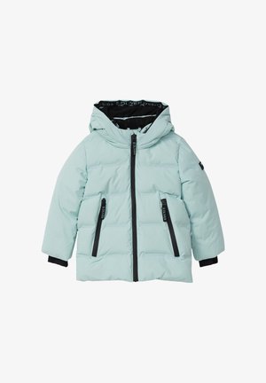 Helle blaue gepolsterte Jacke mit Kapuze, schwarzen Reißverschlussakzenten, Seitentaschen und elastischen Bündchen. Sie hat eine gesteppten Textur und ein Markenetikett auf der Innenseite.