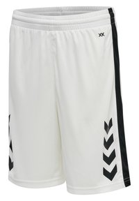 Bermudas atléticas blancas de tela suave, con una franja lateral negra y un patrón de chevron en la pierna izquierda. Cintura elástica.