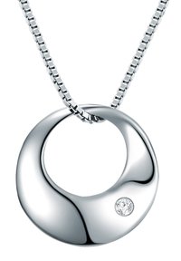 Sølvvedhængsørering med et glat, rundt design og en lille diamantaccent, hængende fra en flad kæde.