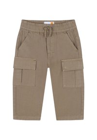 Khaki cargobroek met een elastische tailleband, trekkoord, twee zijzakken en twee flapzakken op de dijen. Gemaakt van textuurstof.