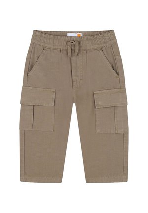 Pantalons cargo kaki avec une taille élastique, cordon de serrage, deux poches latérales et deux poches à rabat sur les cuisses. Fabriqués en tissu texturé.