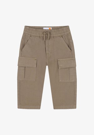 Khaki cargobroek met een elastische tailleband, trekkoord, twee zijzakken en twee flapzakken op de dijen. Gemaakt van textuurstof.