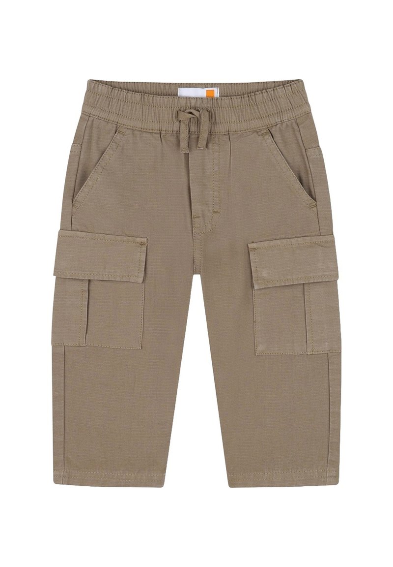 Khaki cargobroek met een elastische tailleband, trekkoord, twee zijzakken en twee flapzakken op de dijen. Gemaakt van textuurstof.