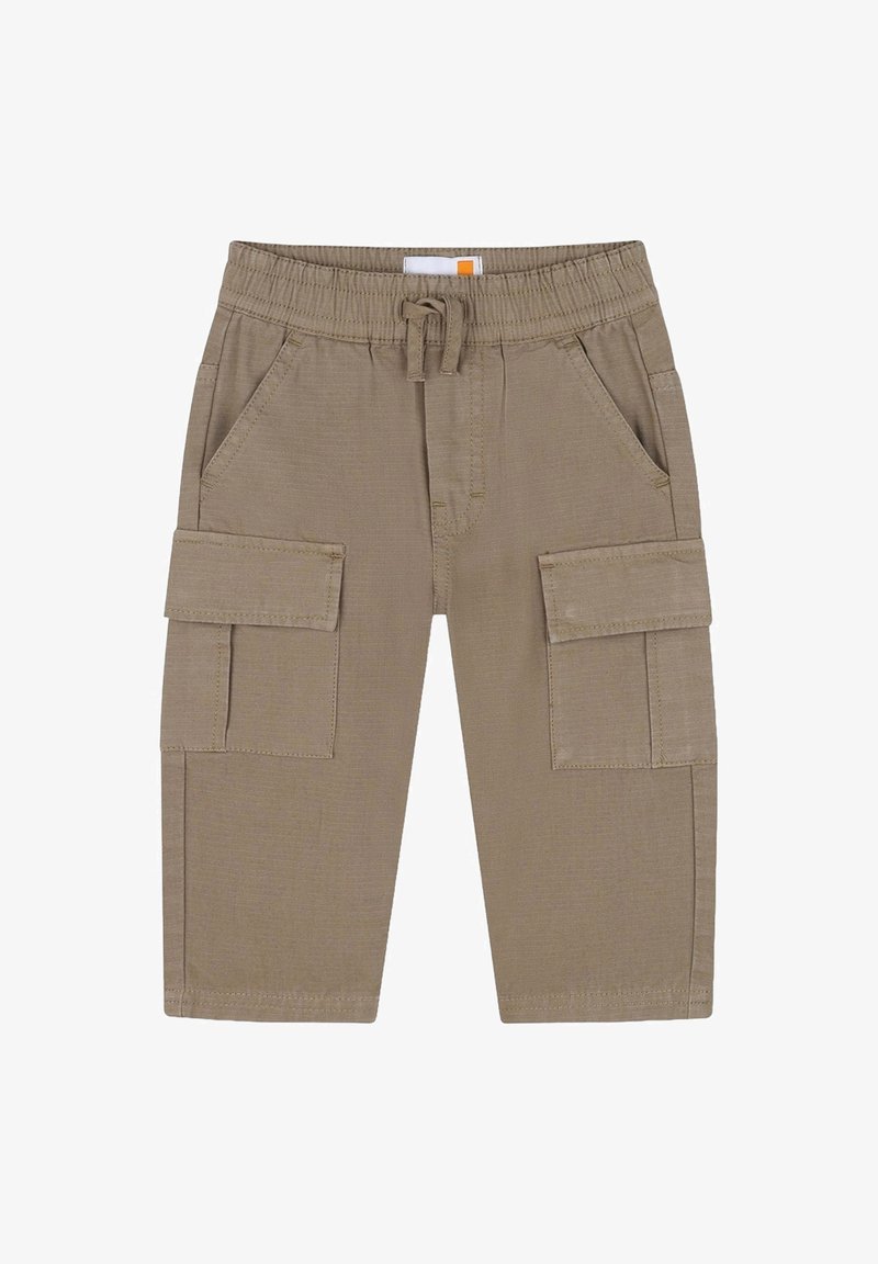 Khaki cargobroek met een elastische tailleband, trekkoord, twee zijzakken en twee flapzakken op de dijen. Gemaakt van textuurstof.