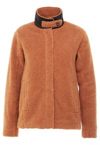 Veste en polaire teddy marron avec col montant, sangle boutonnée et deux poches avant, présentée sur fond blanc.