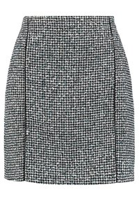 Tweed minirok in zwart en wit met blauwe spikkels, met een gestroomlijnd ontwerp, slim fit en contrasterende zwarte rand langs de naden.