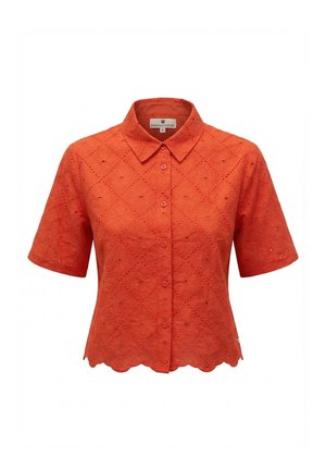Camicia arancione a maniche corte con bottoni, ricamata con motivi floreali ad occhiello, colletto a punta e orlo smerlato.