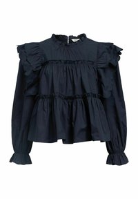 Blouse bleu marine avec des manches volantées, design à étages et taille froncée. Dotée d'un col haut et de poignets élastiqués. Fabriquée en tissu léger.