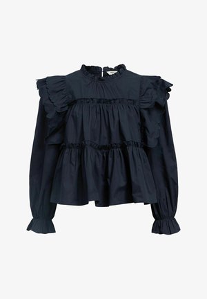 Blusa blu navy con maniche arricciate, design a strati e vita arricciata. Presenta un collo alto e polsini elasticizzati. Realizzata in tessuto leggero.
