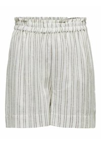 Shorts in misto lino con una vita elastica arricciata, caratterizzati da strisce verticali grigio chiaro e beige su uno sfondo bianco.