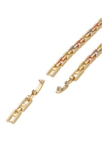 Kædearmbånd med sammenkoblede rektangulære led i guld, roséguld og sølvtoner; inkluderer en sikker lås i den ene ende.