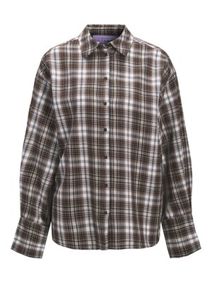 Brun og hvit rutete skjorte med krage, lange ermer og knapper i front. Har et sjakkmønster med varierende stripebredder og tekstur.