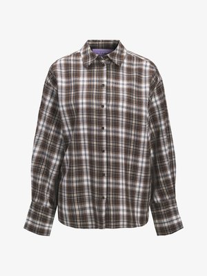 Bruine en witte geruite overhemd met een kraag, lange mouwen en een knopenfront. Heeft een ruitpatroon met variërende strijkbreedtes en textuur.