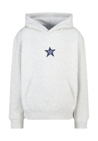 Lichtgrijze hoodie gemaakt van een katoenmix, voorzien van een voorzak, ribgebreide boorden en een marineblauw sterrenprint met de tekst "Lucky Me".