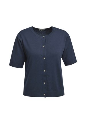 Marineblauer Kurzarm-Cardigan mit rundem Ausschnitt und herzförmigen Knöpfen vorn.