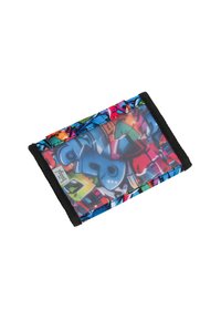 Portafoglio a rete colorato con design graffiti, bordi neri e vivaci fantasie multicolori che includono lettere e forme.