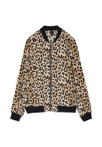 Veste bomber imprimée léopard en tissu doux, avec un col et des poignets côtelés noirs, fermée par un zip à l'avant et des textures contrastantes.