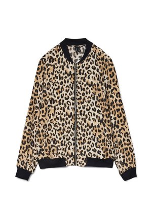 Veste bomber imprimée léopard en tissu doux, avec un col et des poignets côtelés noirs, fermée par un zip à l'avant et des textures contrastantes.